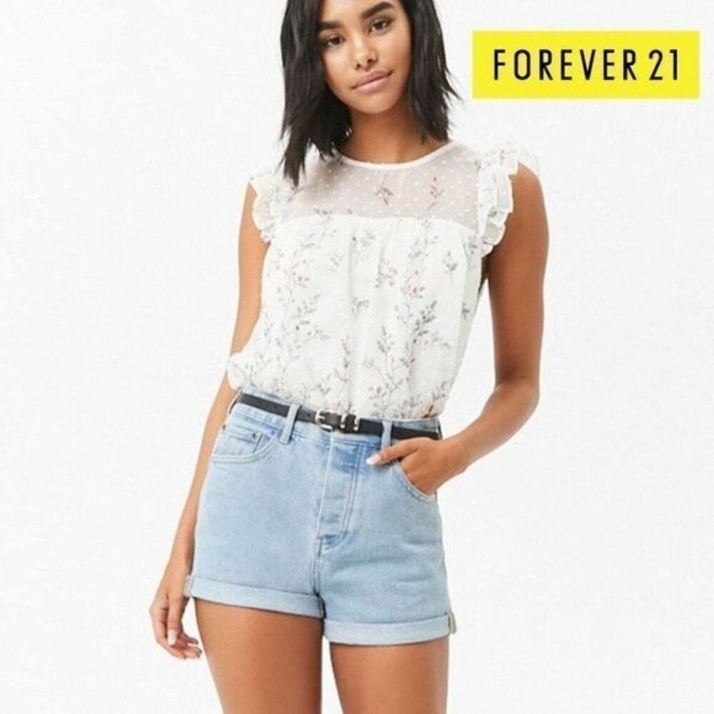 FOREVER 21 Women's Off-White Floral Printed Sheer‎ Lace Trim Ruffled Sleeve